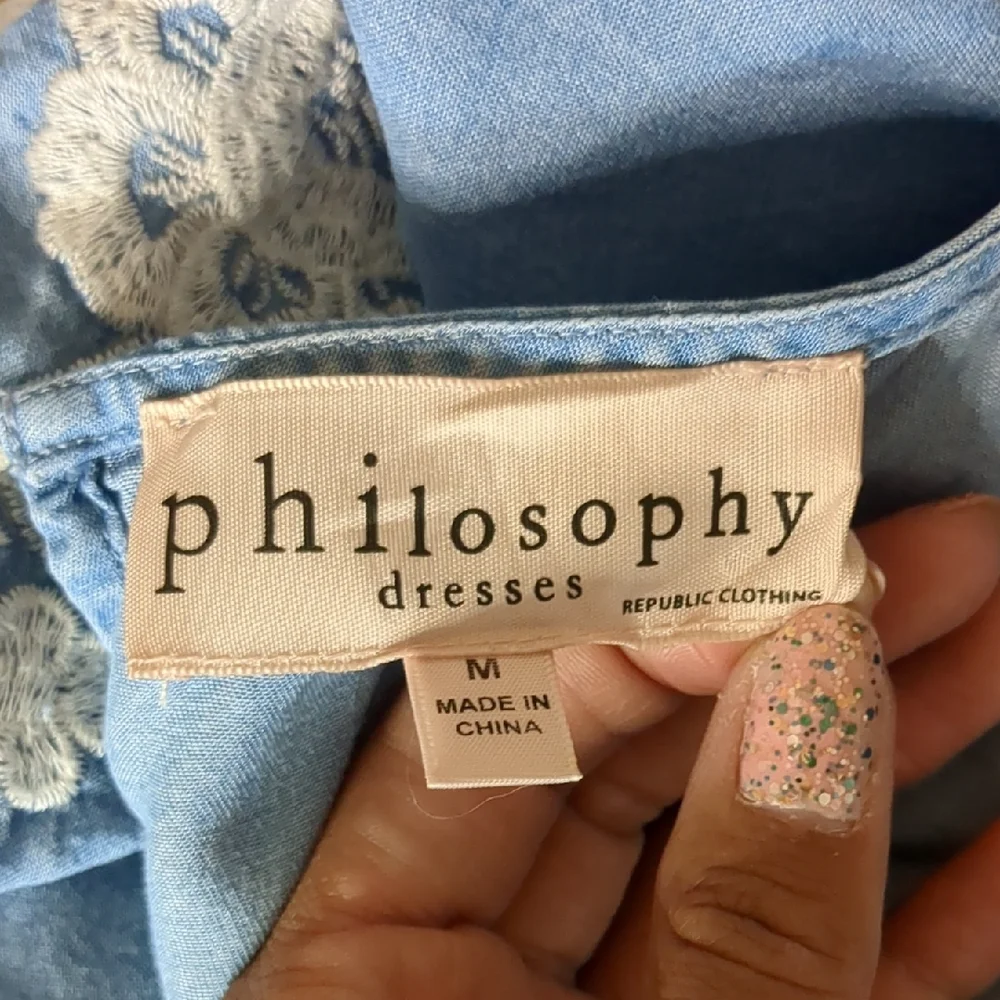 Philosophy Tencel Chambray Drop Waist Dress W/ Long Sleeves, Floral Embroidery - Picture 10 of 13